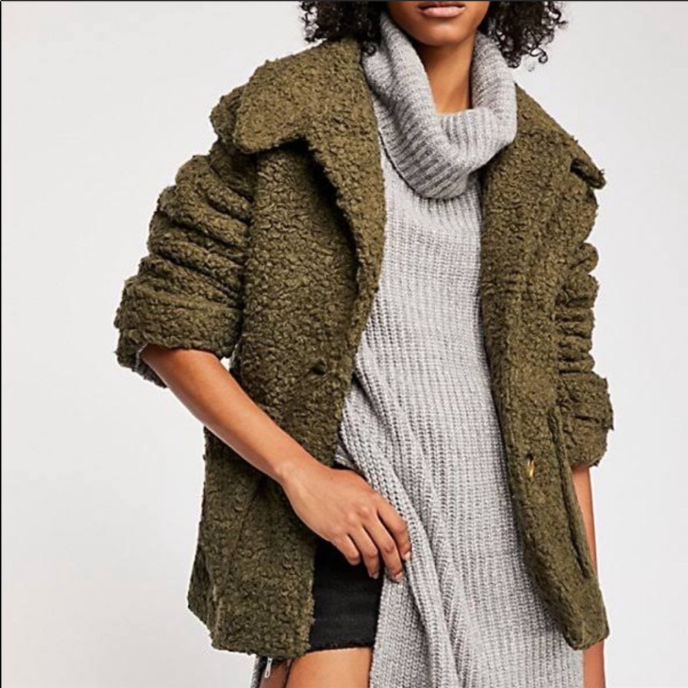 Free People Army Green Teddy Coat XS